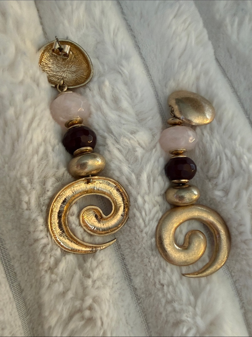 Gold Spiral Dangle Earrings with Pink and Burgundy Beads